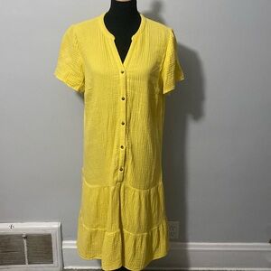 J Jill Yellow Tiered Dress Split Neck Short Sleeve Summer Sz M
